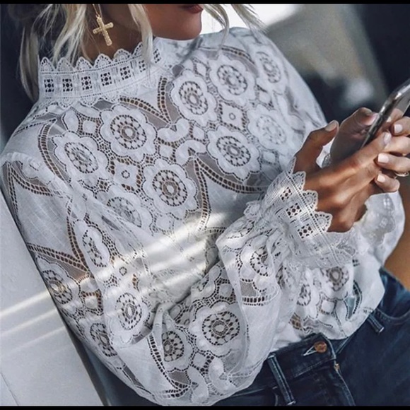 Tops - XS Lace crochet white blouse with high neck